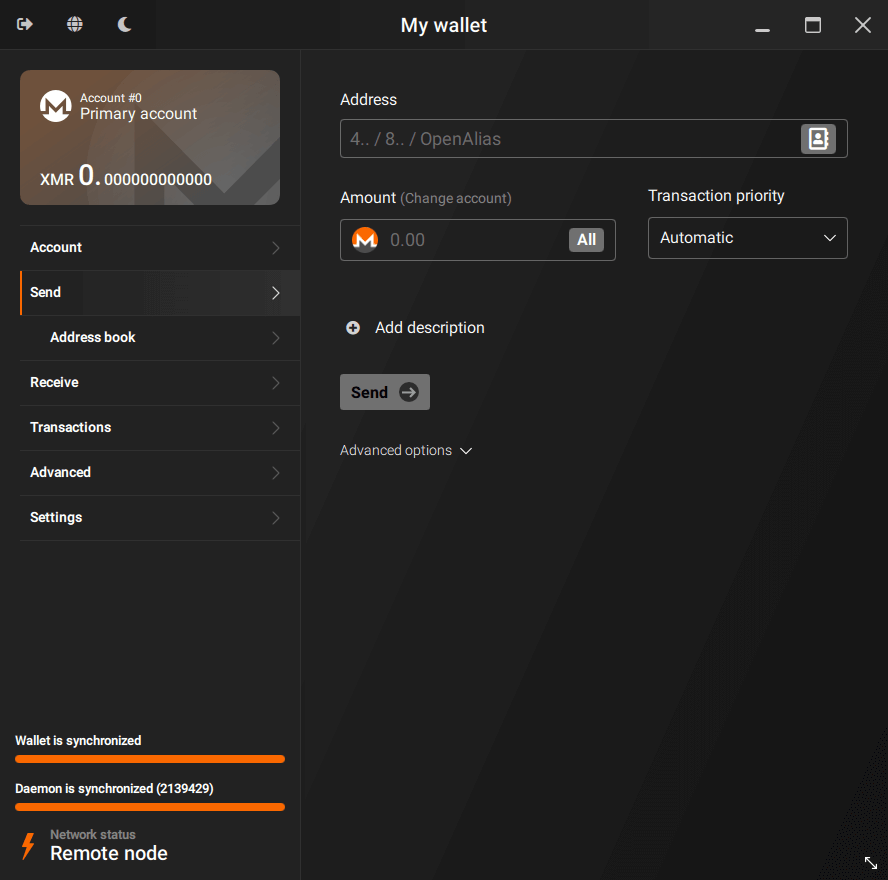 A screenshot of the Monero GUI wallet. It shows the wallet's balance and a navigation menu on the left, and a form for sending XMR on the right.