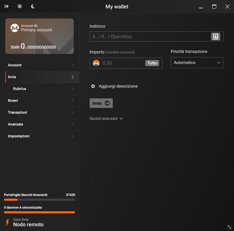 A screenshot of the Monero GUI wallet. It shows the wallet's balance and a navigation menu on the left, and a form for sending XMR on the right.