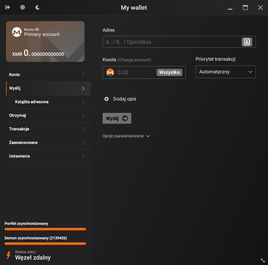 Zrzut ekranu portfela Monero GUI. Pokazuje saldo portfela i menu nawigacyjne po lewej stronie, a formularz do wysyłania XMR po prawej.